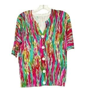 JOSEPH A short sleeve Button Front cardigan tropical pink green sz m